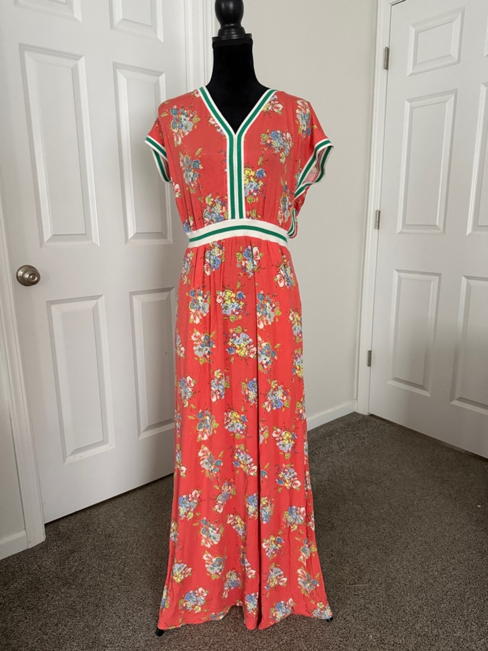 Matilda Jane Coral Floral Maxi Dress with Green Trim